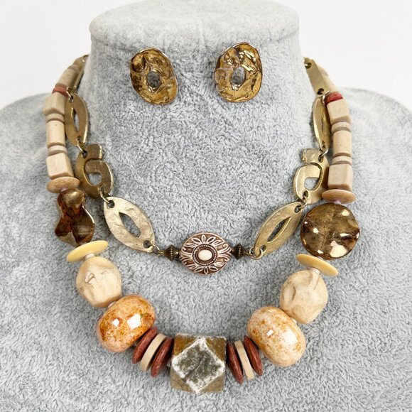 Vintage Jewelry - Vintage Japanese Stoneware Beaded Chunky Necklace Set Earrings Gold Stone Japan